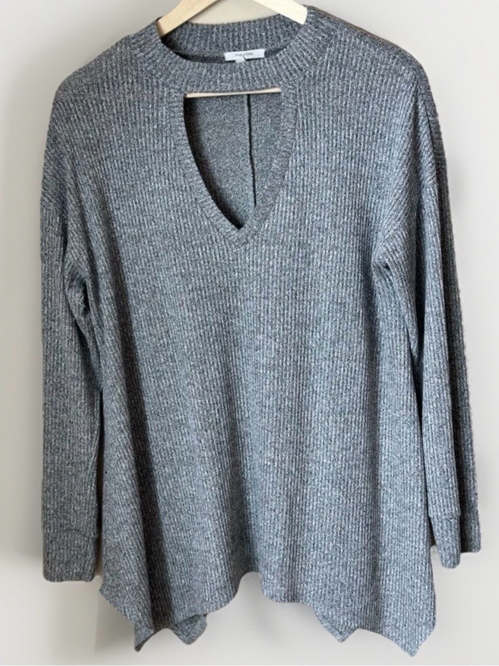 Maurices Gray Long Sleeve Brushed Top with Strappy V neck. Size XL 24” P2P